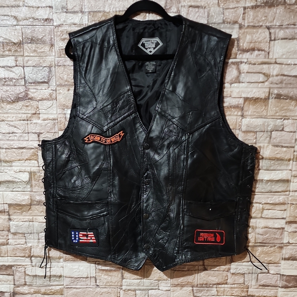 Diamond Plate Black Leather Vest with Patches Biker Vest